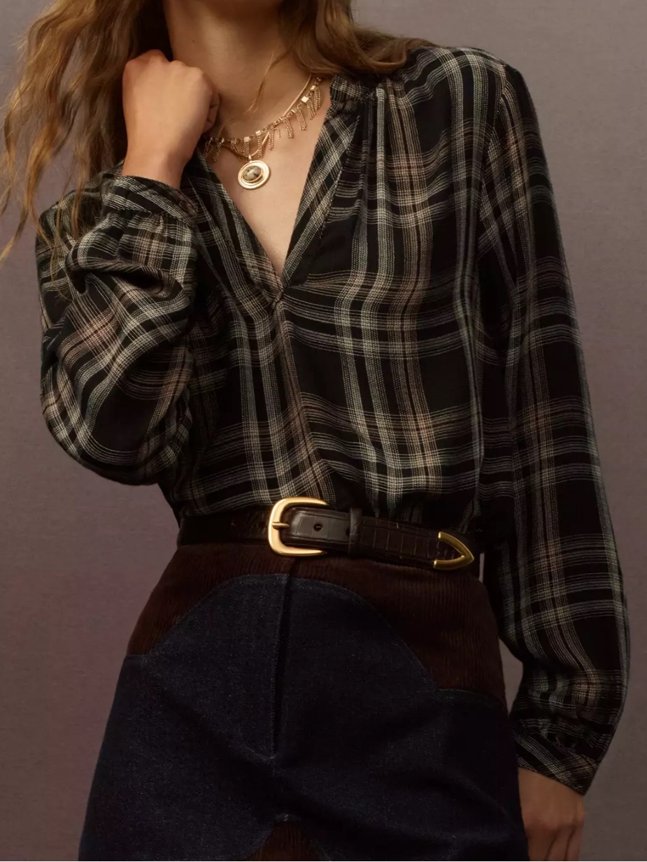 Cloth & Stone Black And Gray Plaid V-Neck Long-Sleeve Blouse,S
